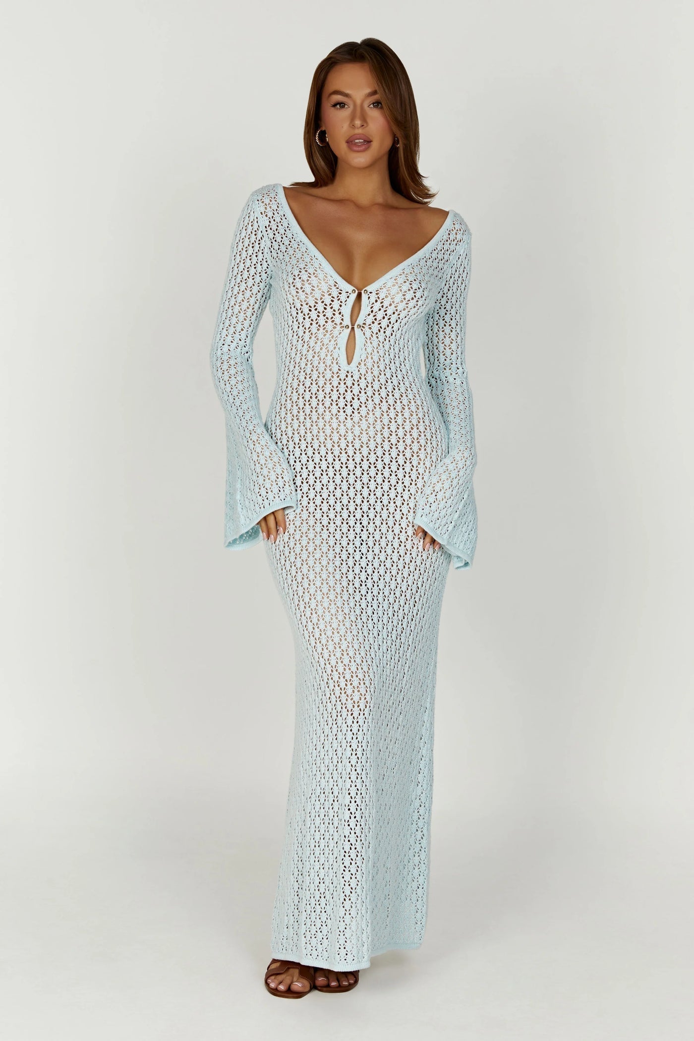 Women's boho maxi dress in crochet knit, V-neck long sleeves, elegant bohemian beach style