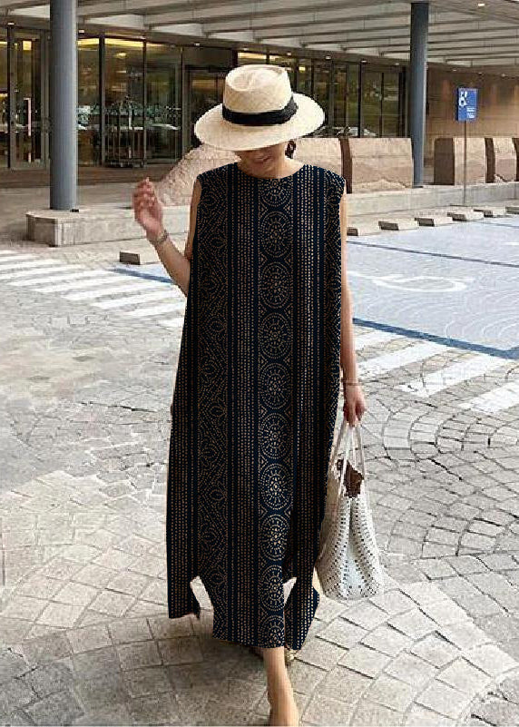 Bohemian white floral linen-cotton maxi dress with side slit, relaxed one-size fit for women