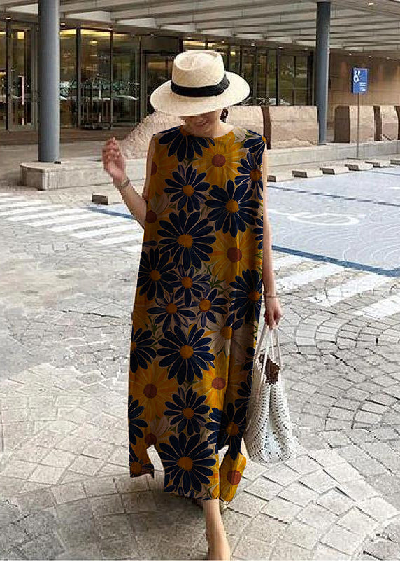Bohemian white floral linen-cotton maxi dress with side slit, relaxed one-size fit everyday comfort
