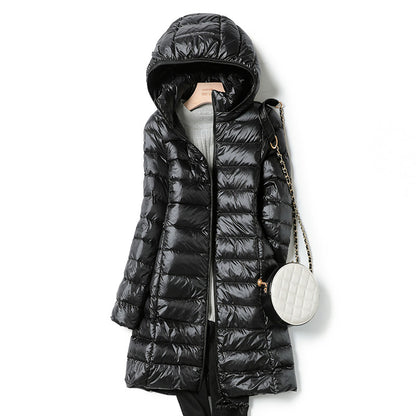 Medium length lightweight thin down jacket in neutral tone, sleek minimalist silhouette with quilted stitching