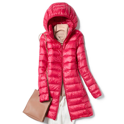 Medium length lightweight thin down jacket in neutral tone, sleek minimalist silhouette with subtle quilted stitching