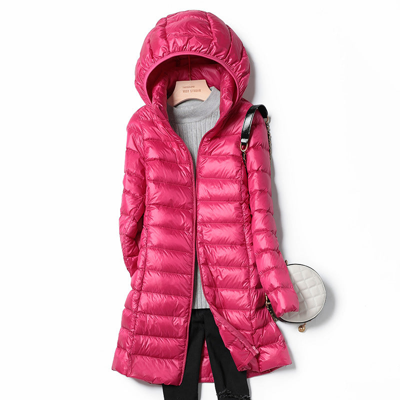 Medium length lightweight thin down jacket in neutral tone, sleek minimalist silhouette with clean lines