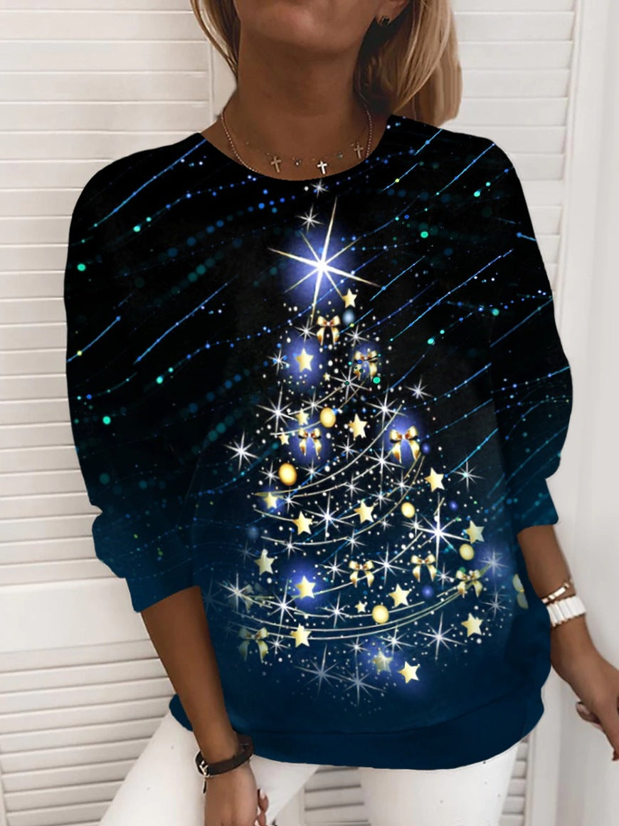 3D printed Christmas loose casual top with festive graphic print, relaxed fit holiday blouse