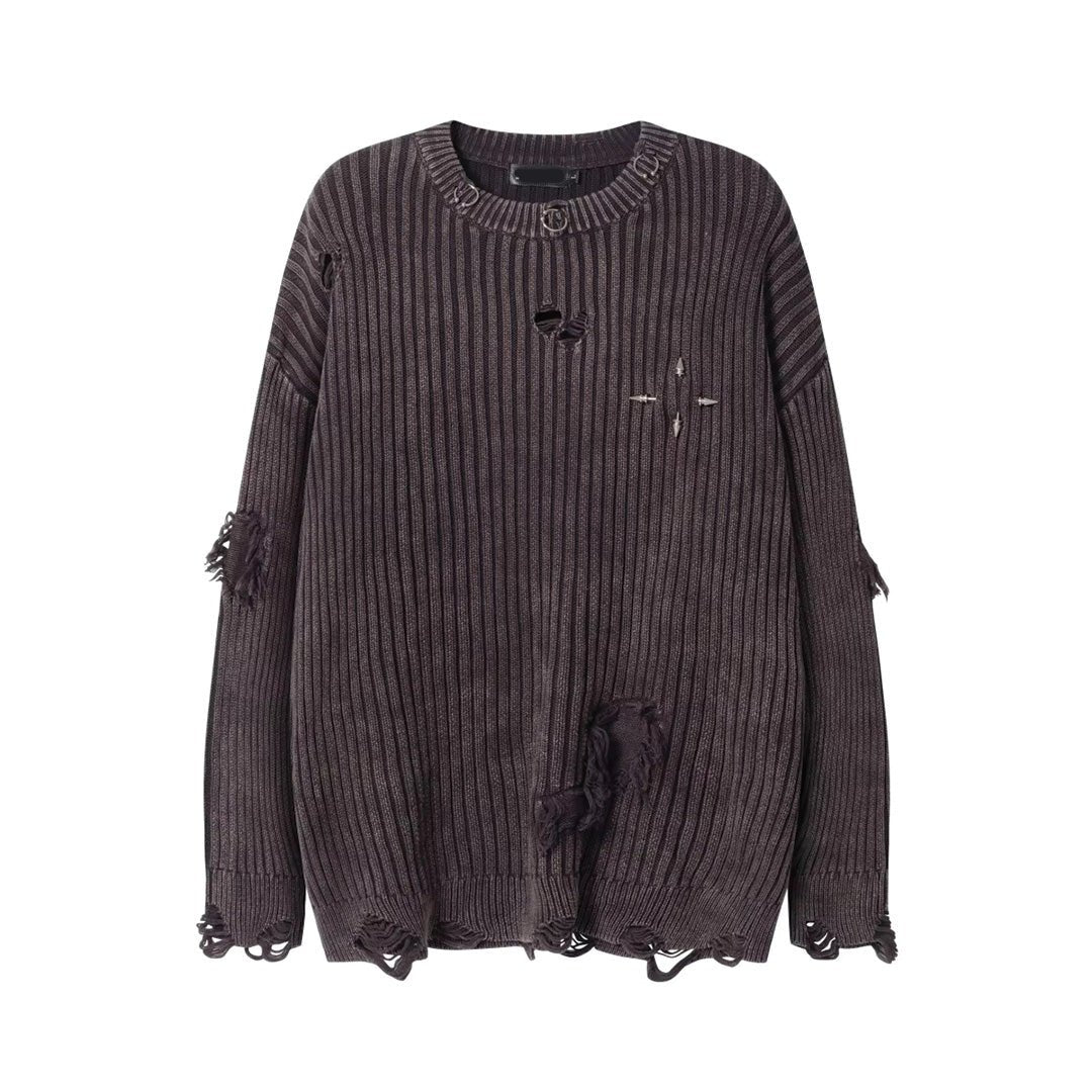 Loose-fit ribbed wool punk sweater with distressed detailing and metal hardware accents
