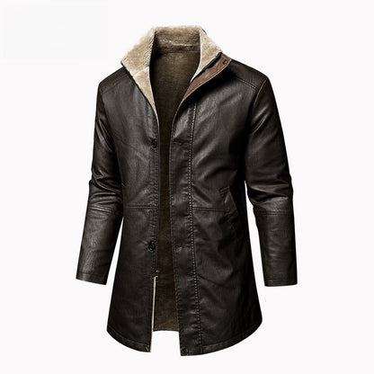 Long black PU leather coat extended length sleek minimalist silhouette with clean straight cut