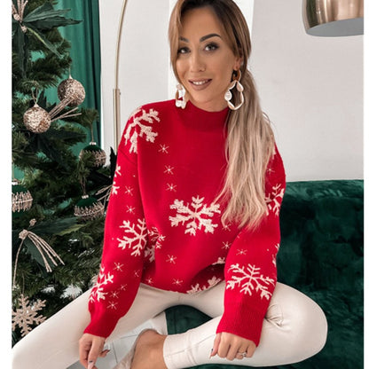 Festive red Christmas sweater with holiday knit pattern, cozy crew neck pullover style