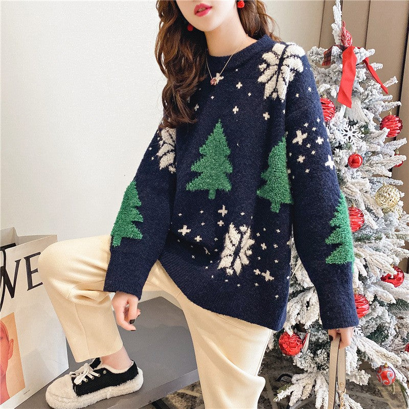 Festive red Christmas sweater with classic holiday knit pattern, cozy crewneck style