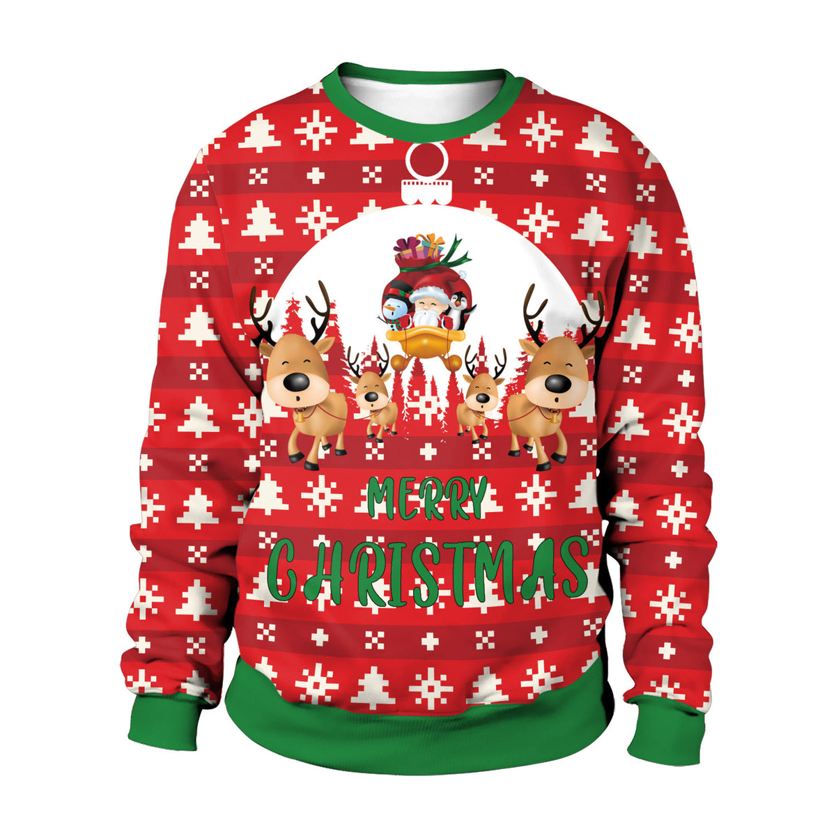 3D printed Christmas crewneck sweatshirt with festive graphic design, cozy holiday pullover