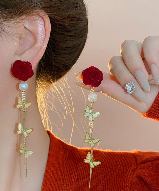Boucles d'oreilles pendantes à pampilles et papillons en velours et perles, en cuivre rouge surdoré, nouveauté 2025 - Wavlynn