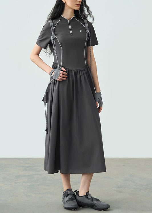 Robe d'été gris foncé à col montant et plis froissés 2025 - Wavlynn