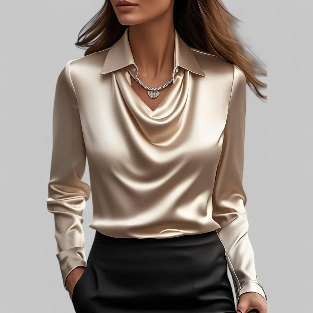 Women's satin blouse draped neckline long sleeve silky elegant top for professional wear