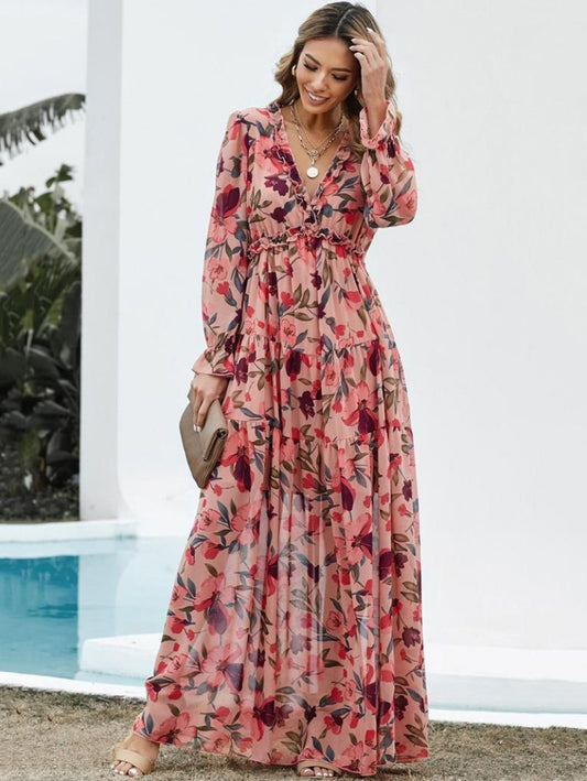 Floral print midi dress with V-neckline, short sleeves, vibrant botanical pattern for spring-summer