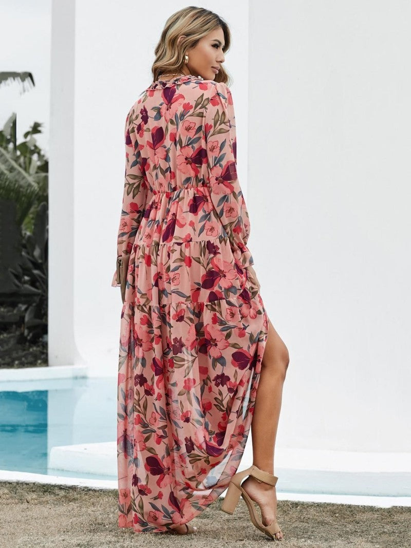 Floral print midi dress with V-neckline, short sleeves, vibrant botanical pattern for spring-summer