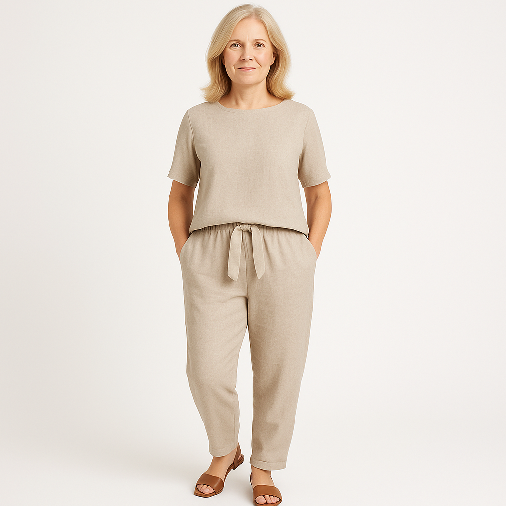 Elegant women's summer 2-piece set in lightweight fabric, tailored silhouette with breezy sophistication