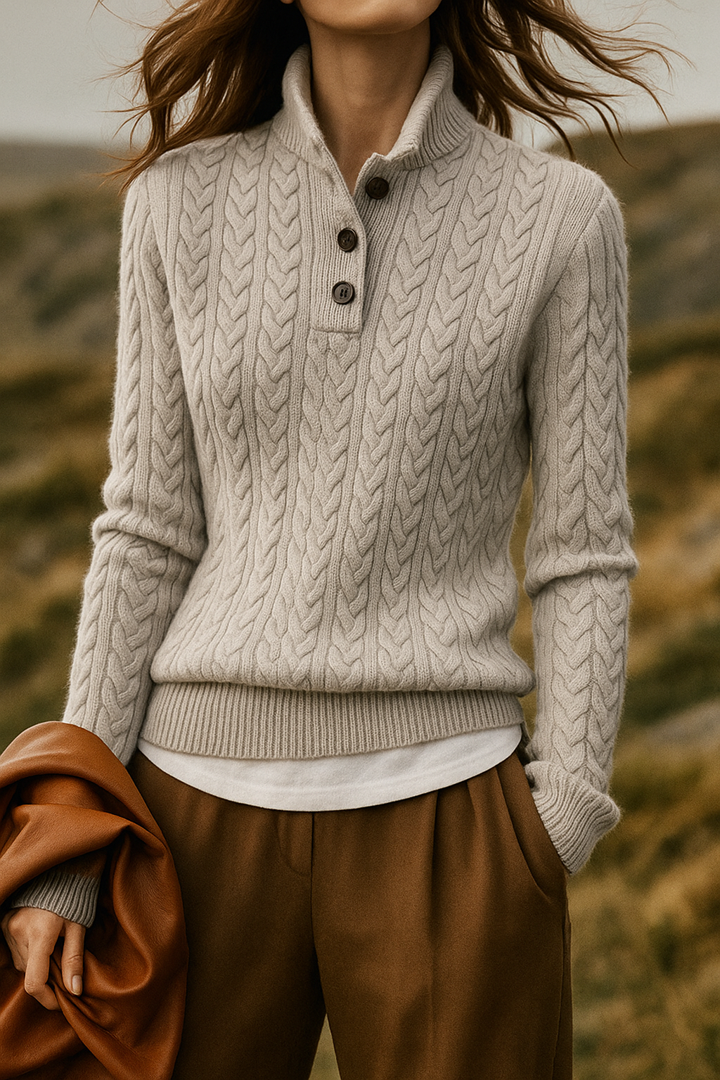 Women's cable knit sweater funnel neck relaxed fit soft acrylic cozy fall style