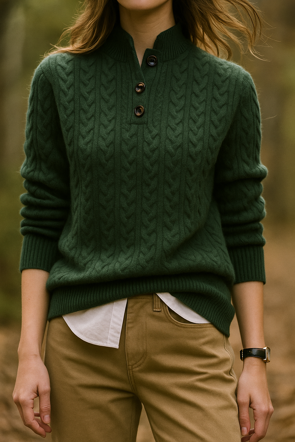 Women's cream cable knit sweater with cozy funnel neck, relaxed fit, and classic textured pattern