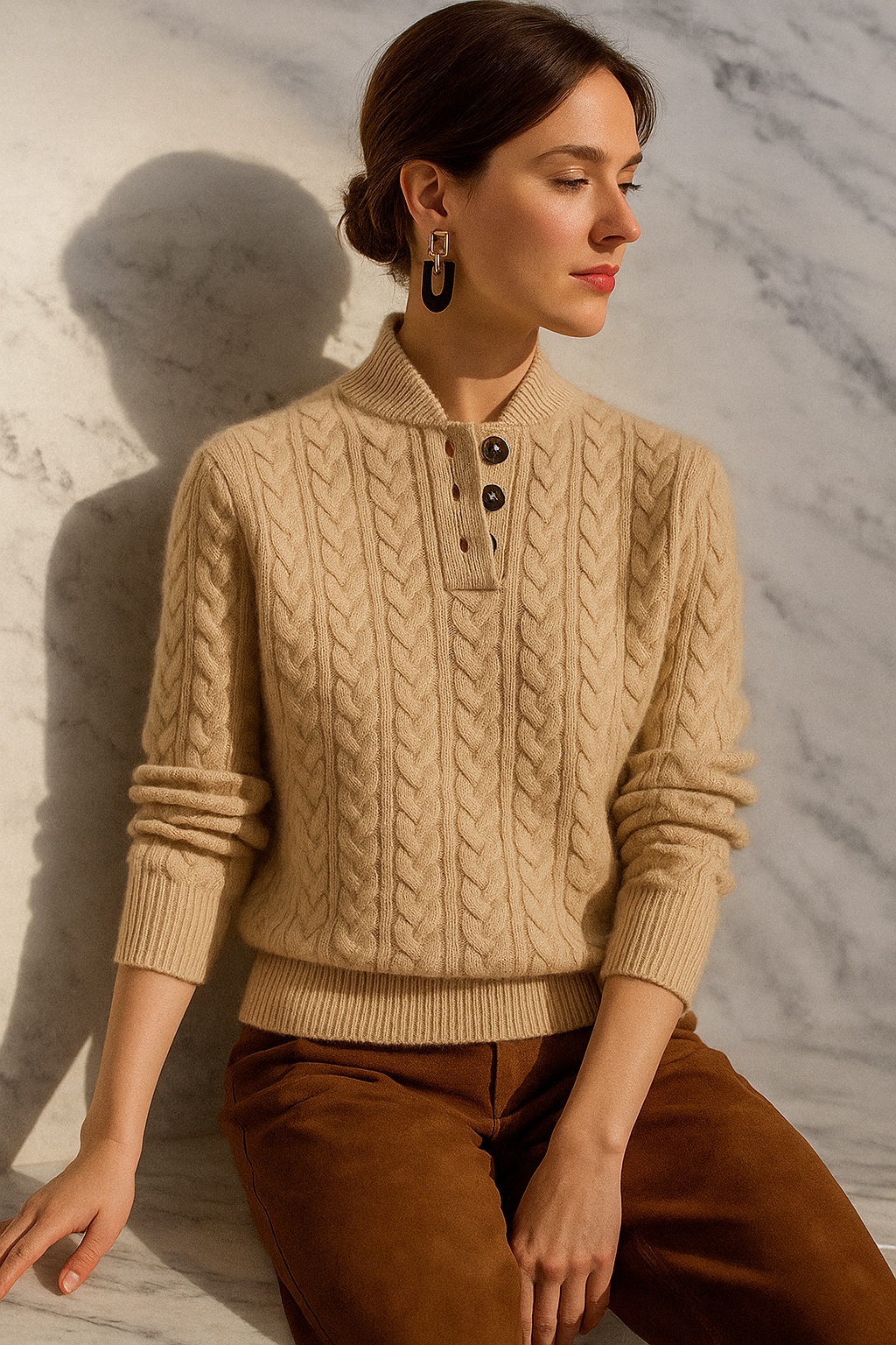 Women's cream cable knit sweater relaxed fit with cozy funnel neck and classic textured pattern