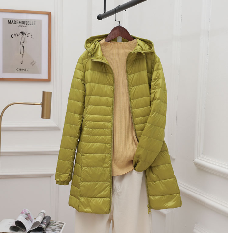 Medium length lightweight thin down jacket in neutral tone, sleek minimalist silhouette with subtle quilted stitching