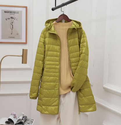Medium length lightweight thin down jacket in neutral tone, sleek minimalist silhouette with subtle quilted stitching