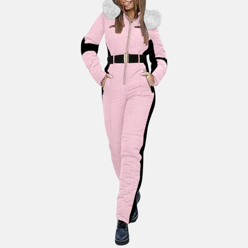 Women's white belted one-piece ski suit with plush-lined hood, slim-fit silhouette for winter outdoor wear