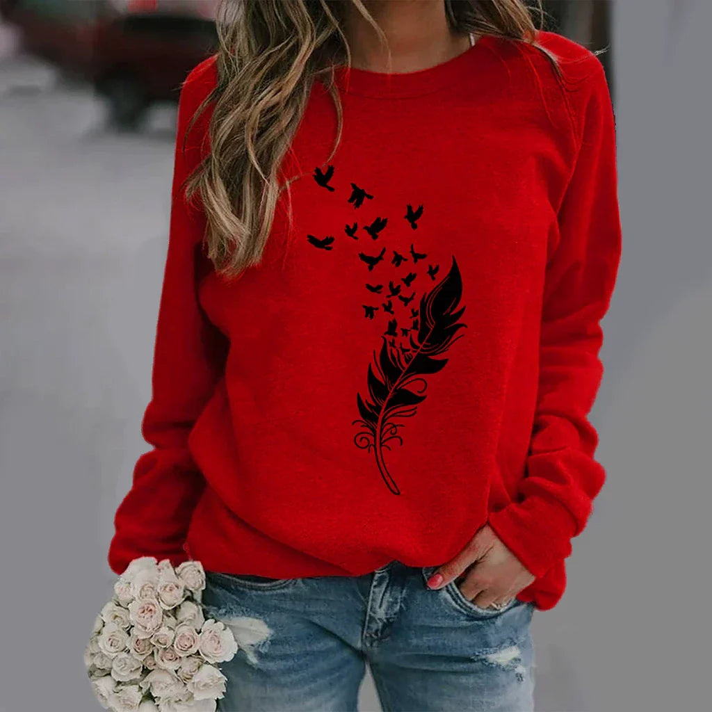 Women's relaxed fit crew neck cotton blend sweatshirt with graphic front print, cozy everyday casual style