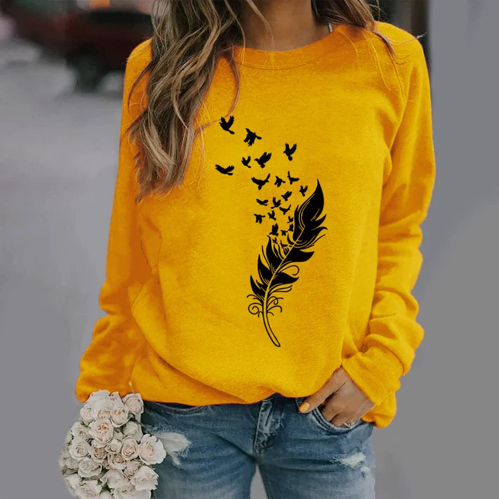 Women's relaxed fit crew neck cotton blend sweatshirt with bold graphic front print, cozy everyday style