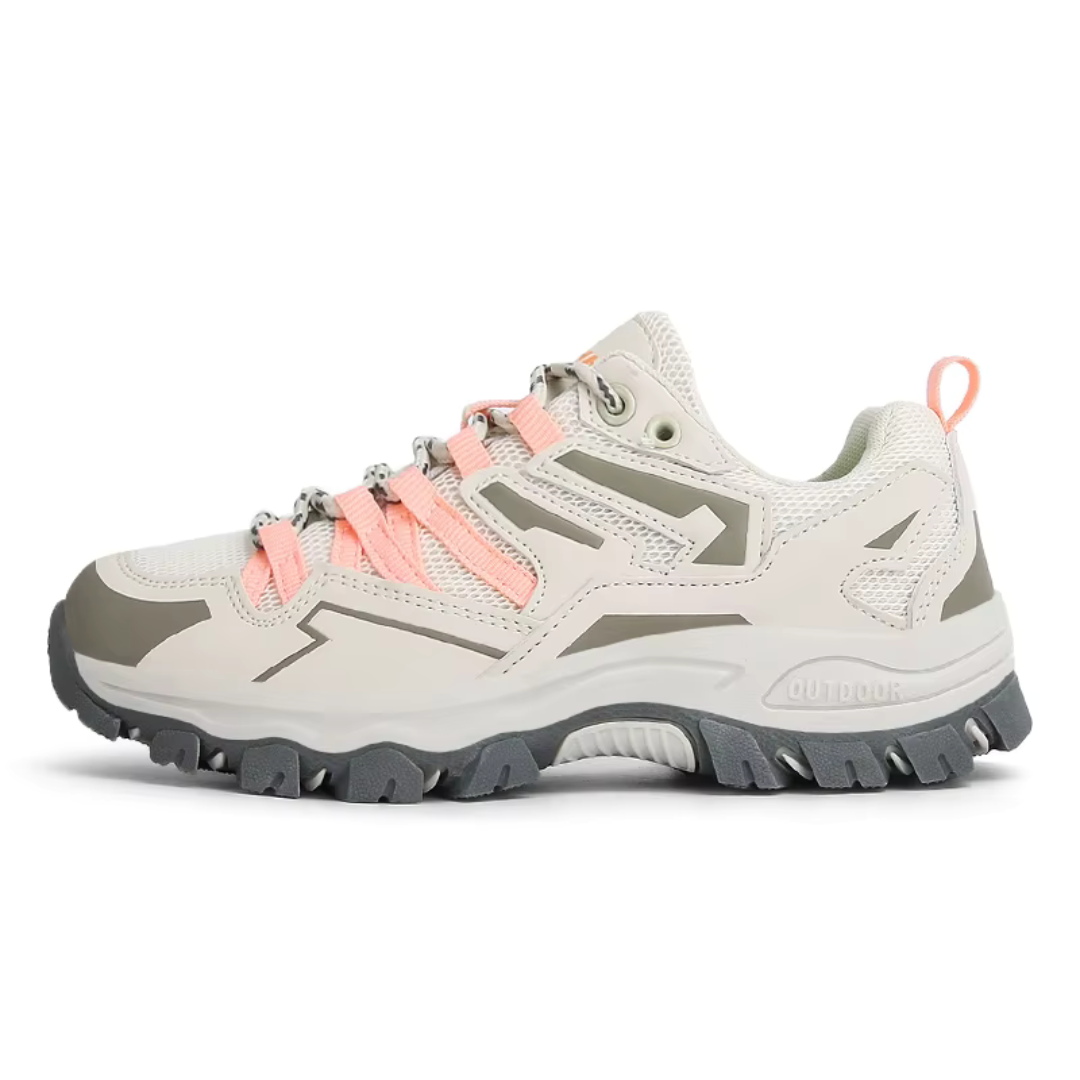 Beige comfort lace-up hiking shoe with breathable mesh upper and trail-ready rubber outsole
