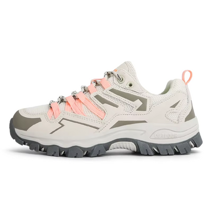 Beige comfort lace-up hiking shoe with breathable mesh upper and trail-ready rubber outsole