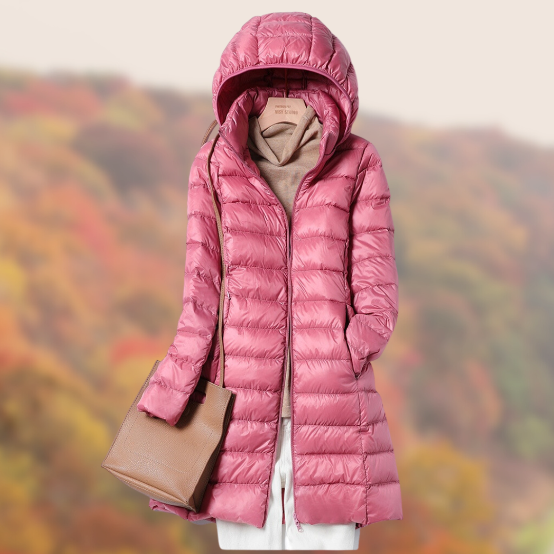 Women's slim fit hooded puffer jacket in neutral tone with streamlined silhouette and cozy hood