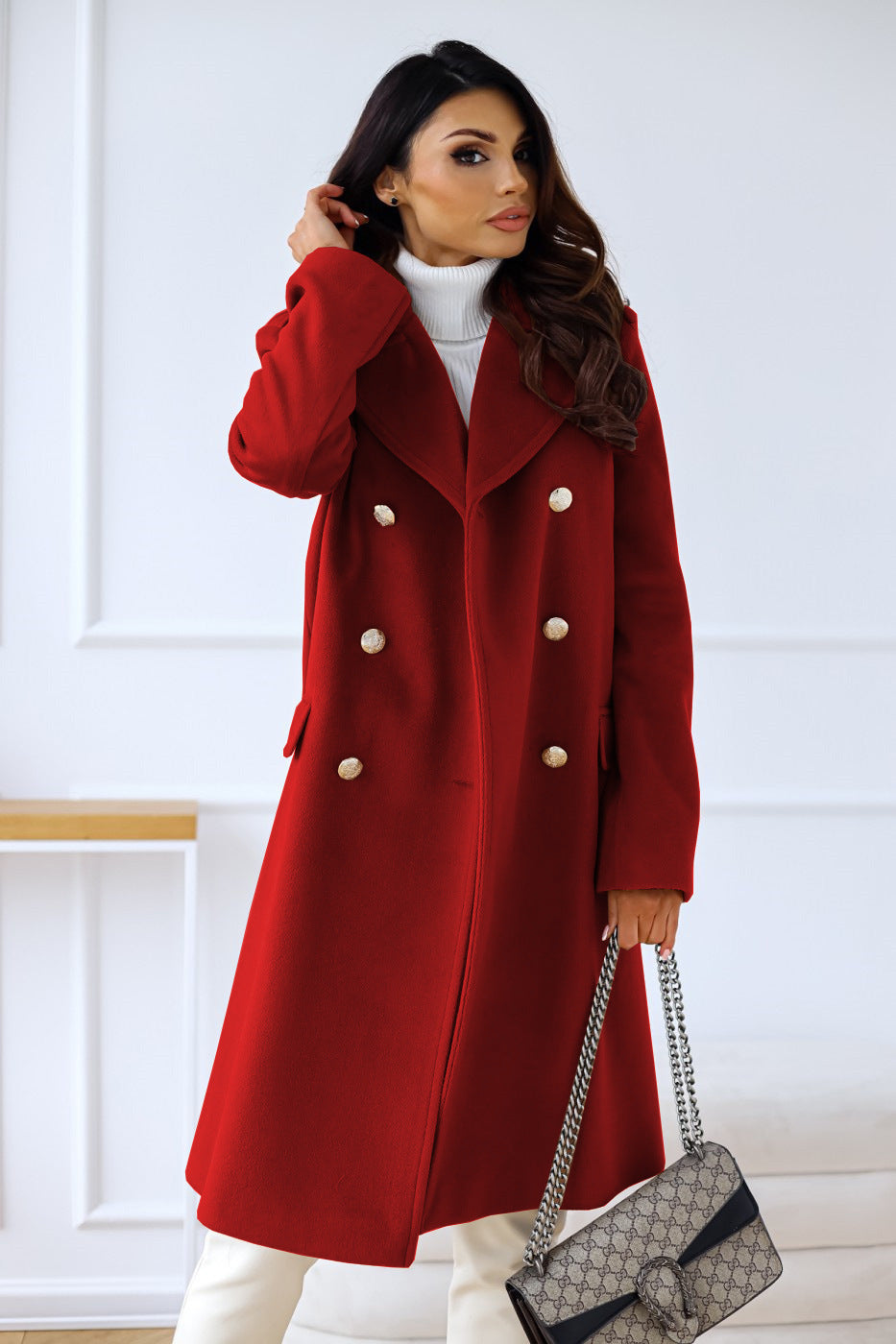 Women's camel wool blend long coat relaxed fit double-breasted broad lapels sophisticated workwear
