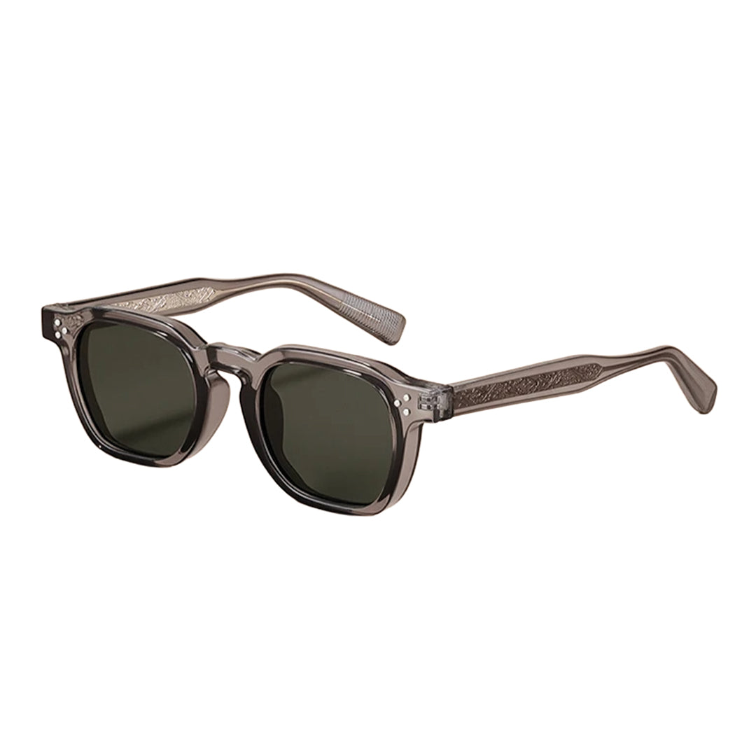 Montaro polarized sunglasses polygon acetate frame engraved temples rivet accents UV400 lenses