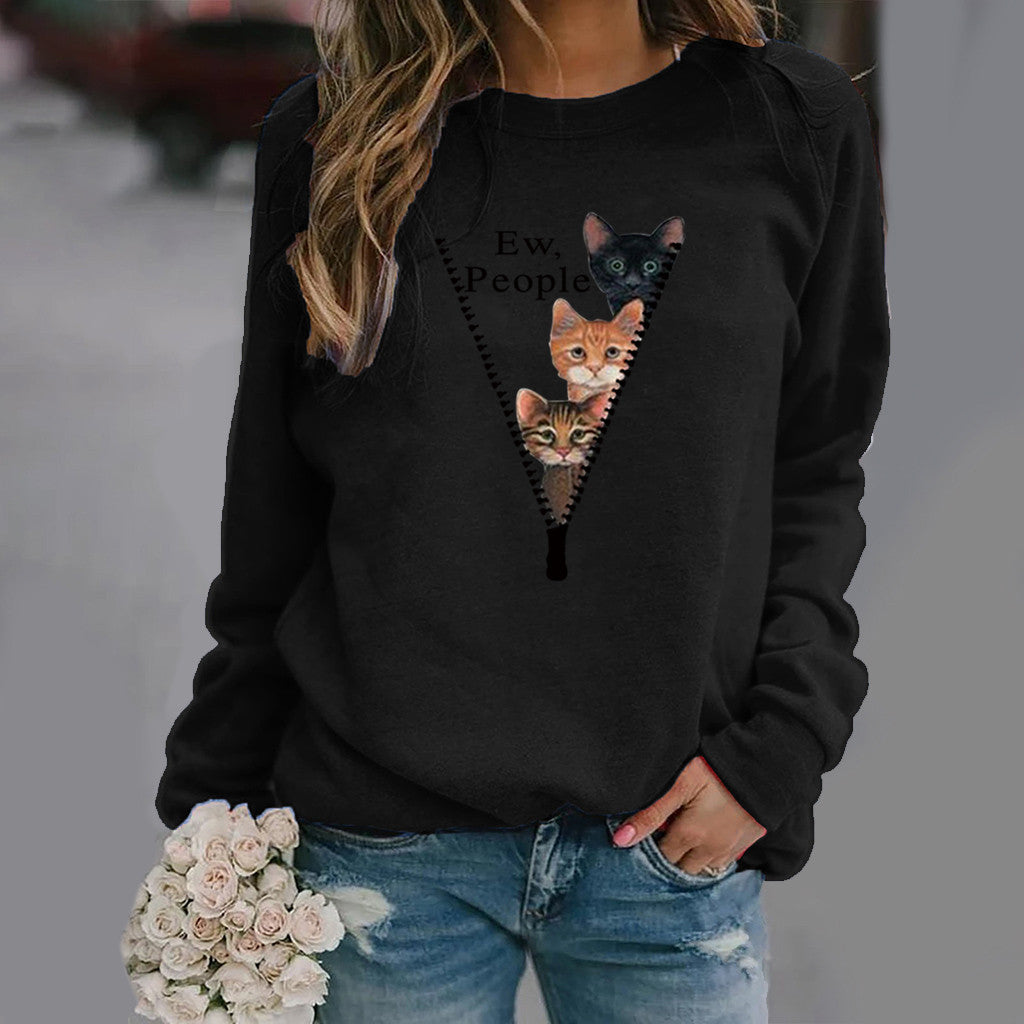 Women's relaxed fit crew neck sweatshirt in soft cotton blend featuring playful cat graphic print