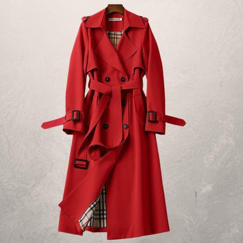 Elegant double-breasted trench coat beige cross-front closure adjustable belt cozy lining timeless silhouette