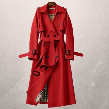 Elegant double-breasted trench coat beige cross-front closure adjustable belt cozy lining timeless silhouette