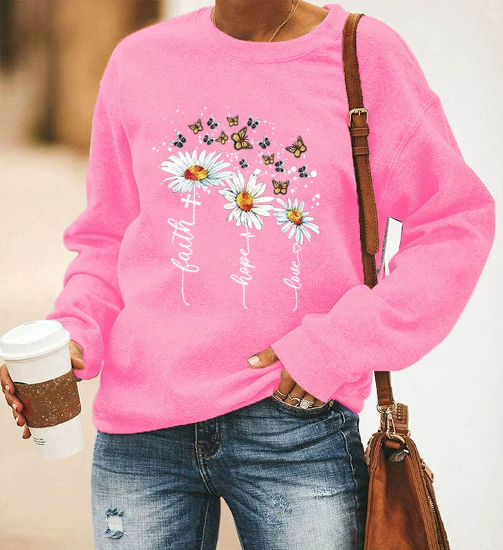 Women's relaxed fit crewneck sweatshirt in botanical floral print, cotton blend long sleeve top