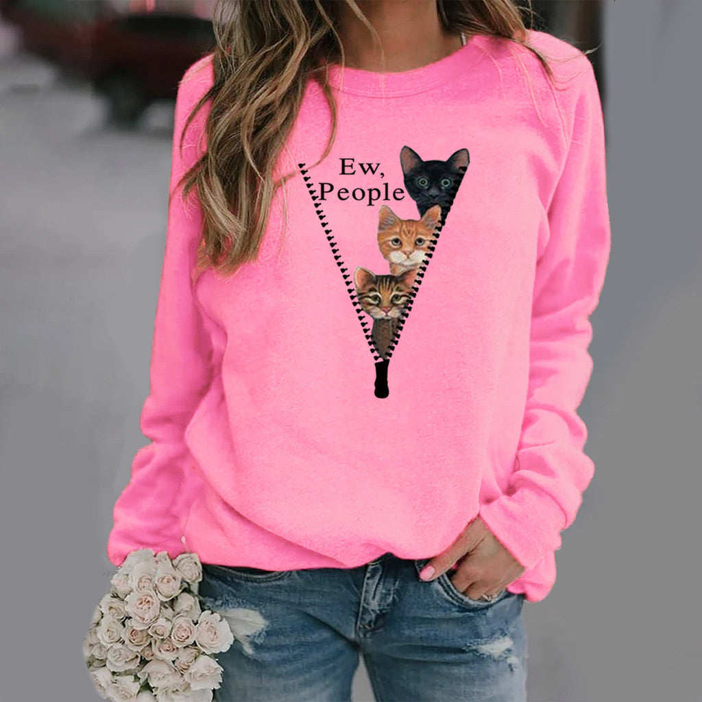 Women's relaxed fit crew neck sweatshirt in soft cotton blend featuring playful cat graphic print