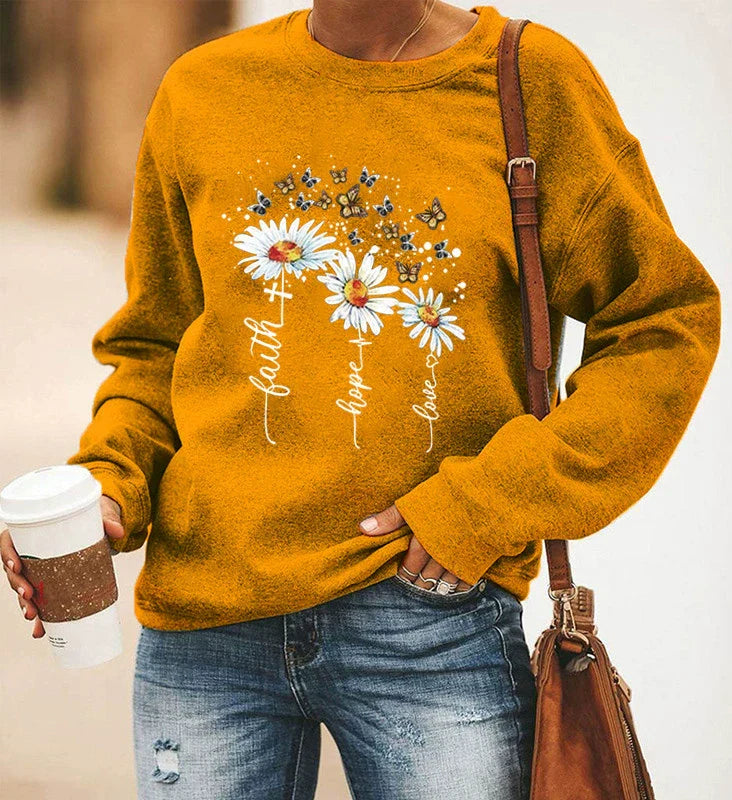Women's relaxed fit crewneck sweatshirt in botanical print cotton blend with long sleeves