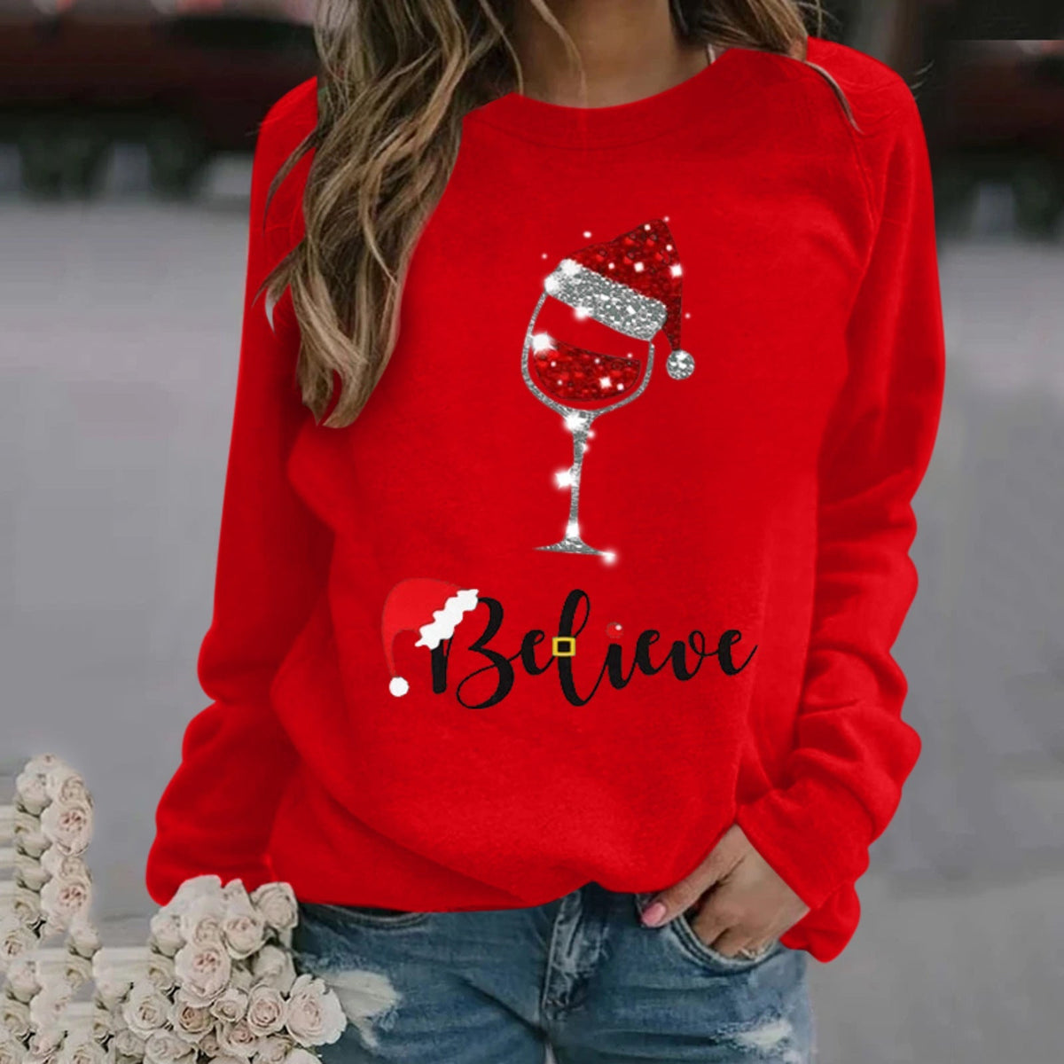 Women's relaxed fit festive cotton sweatshirt cozy holiday crewneck pullover top