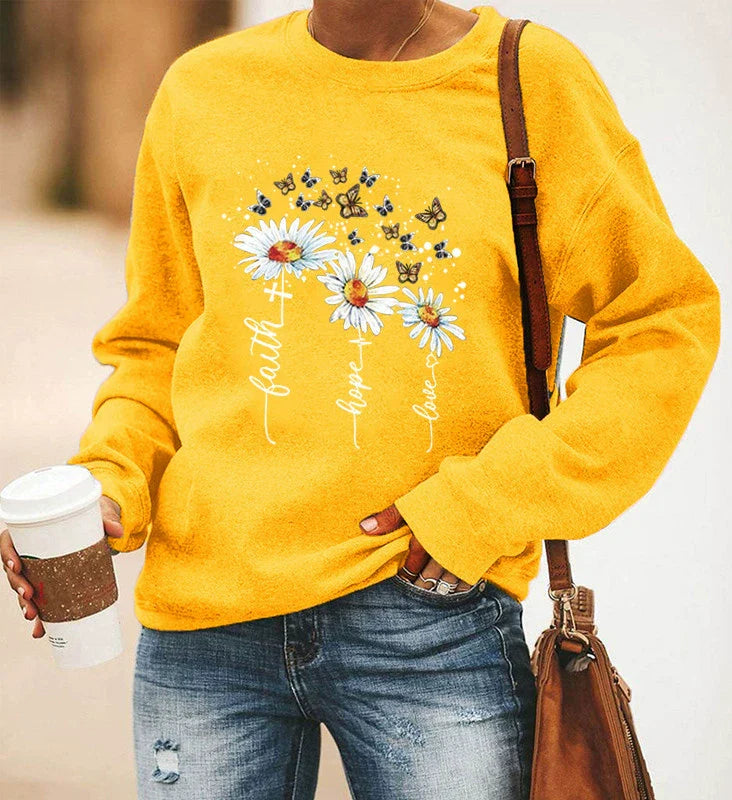 Women's relaxed fit crewneck sweatshirt in botanical floral print, cotton blend long sleeve top