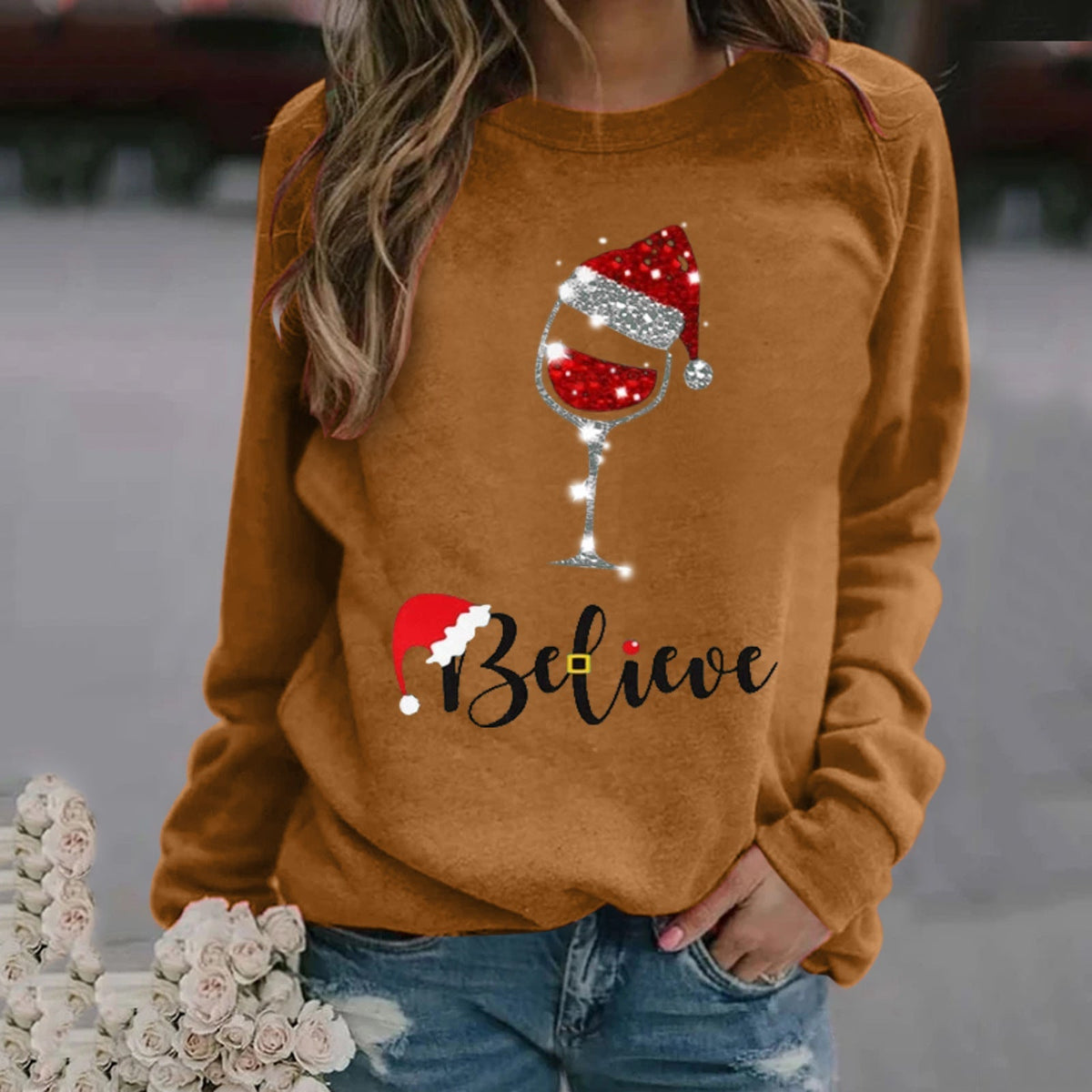 Women's relaxed fit festive cotton sweatshirt cozy holiday-inspired pullover top
