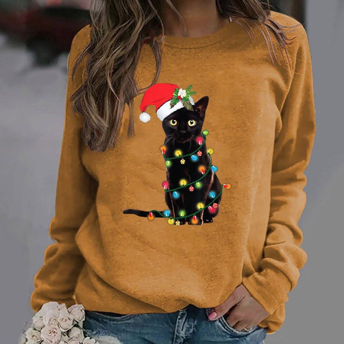 Women's relaxed fit crewneck sweatshirt cotton blend with festive Christmas cat graphic print