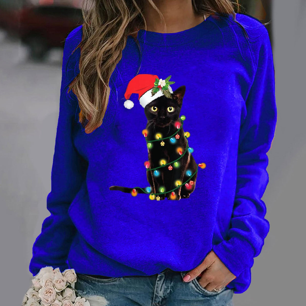 Women's relaxed fit crewneck sweatshirt cotton blend with festive Christmas cat graphic print