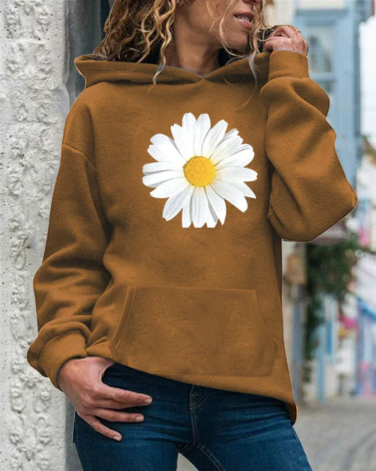 Women's relaxed fit hooded sweatshirt soft fleece daisy print with kangaroo pocket