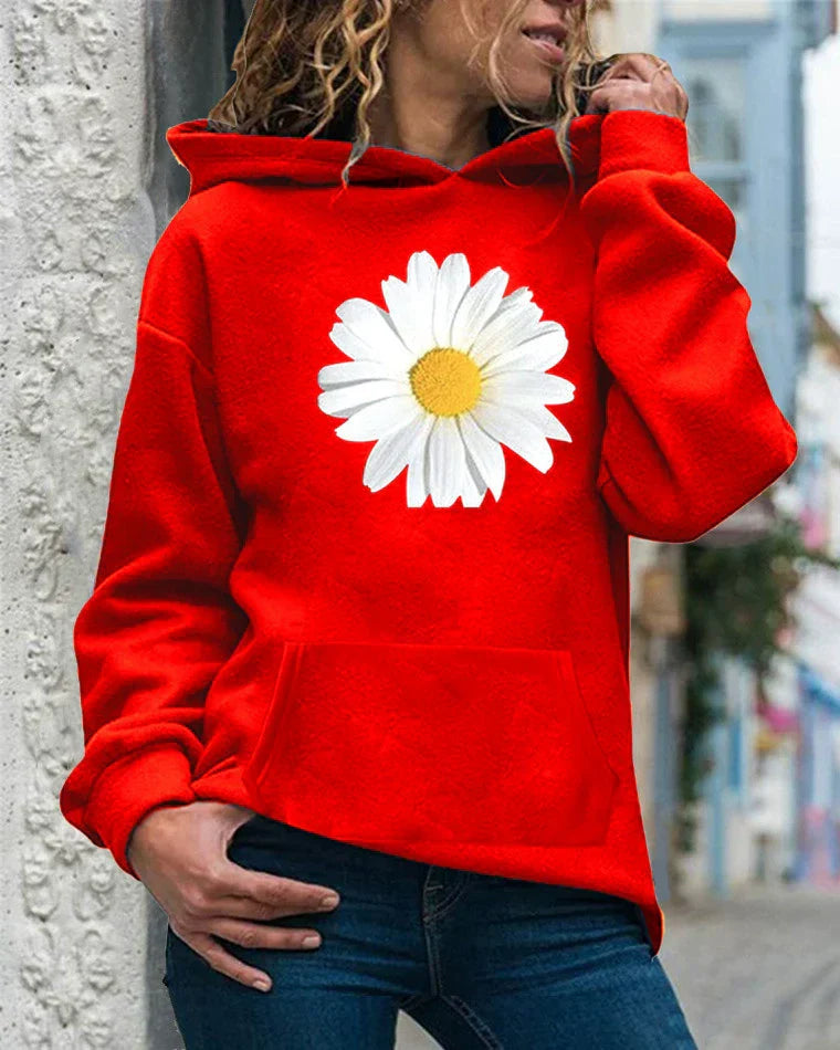 Women's relaxed fit hooded sweatshirt soft fleece daisy print with kangaroo pocket