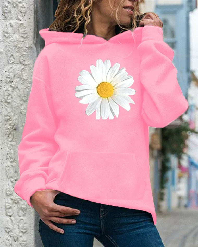 Women's relaxed fit hooded sweatshirt soft fleece daisy print with kangaroo pocket