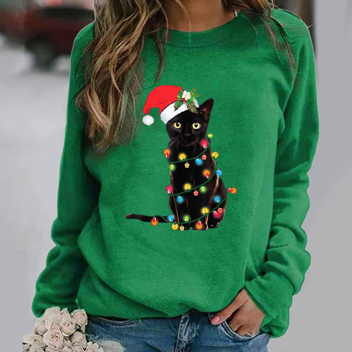 Women's relaxed fit crewneck sweatshirt cotton blend with festive Christmas cat graphic print