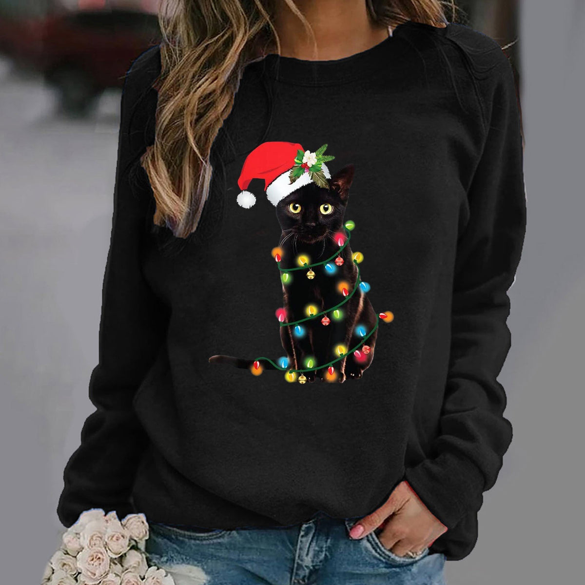 Women's gray relaxed fit crewneck sweatshirt with cozy Christmas cat graphic print, cotton blend