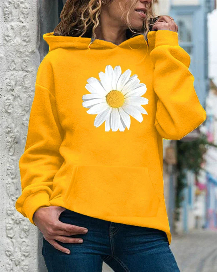 Women's relaxed fit hooded sweatshirt soft fleece daisy print with kangaroo pocket