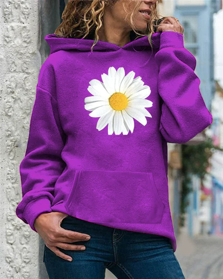 Women's relaxed fit hooded sweatshirt soft fleece daisy print with kangaroo pocket