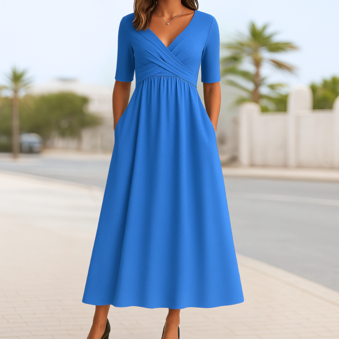 Madeline crossed wrap dress short sleeves soft draping silhouette elegant figure-flattering style